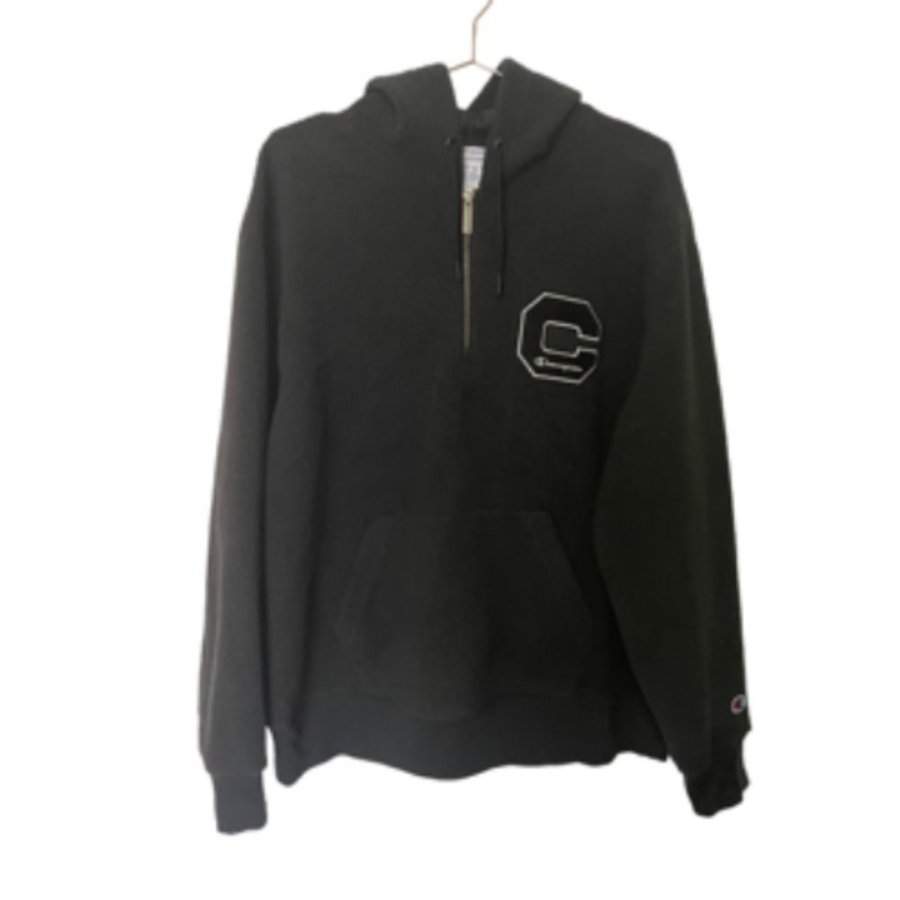 Champion Men Black Cotton Blend Pullover Pockets Hood Sherpa Hoodie Size Large